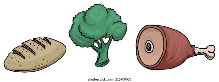 Food set, broccoli, bread, ham, vector illustration