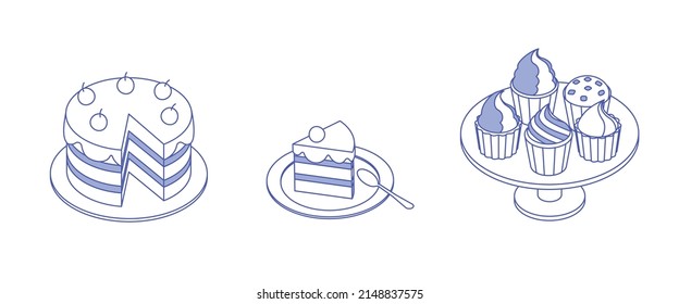 Food set - cake, cupcake. Isometric vector illustration in flat design. Outline, linear style, line art. Meal preparation.