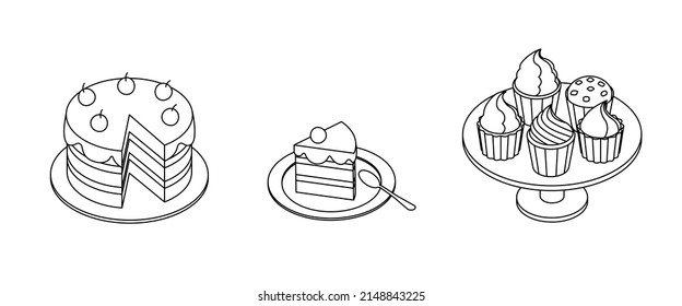 Food set - cake, cupcake. Isometric vector illustration in flat design. Outline, linear style, line art. Meal preparation.