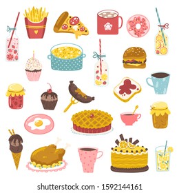 Food set in cartoon style. Vector stock hand-drawn illustration. Colorful variety of food and drinks. Icons for menus, logos and stickers.