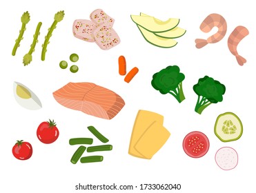 Food set. Collect a variety of food, fish and meat and vegetables Healthy food. Ingredients for cooking. Vector illustration in cartoon style.