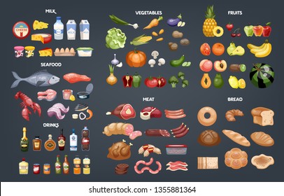 Food set. Collection of various meal, fish and meat, vegetables and bread. Healthy fresh nutrition. Ingredients for cooking. Vector illustration in cartoon style