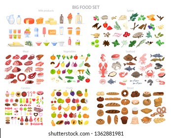 Food set. Collection of various meal, fish and meat, vegetables and bread. Healthy fresh nutrition. Ingredients for cooking. Vector illustration in cartoon style