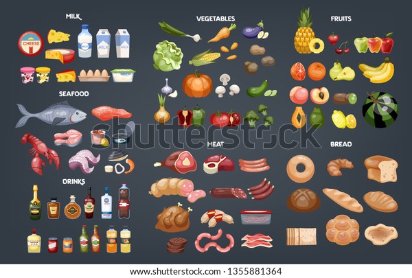 Food set. Collection of\
various meal, fish and meat, vegetables and bread. Healthy fresh\
nutrition. Ingredients for cooking. Vector illustration in cartoon\
style