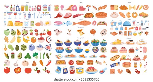 Food set. A comprehensive collection of various food items, including fruits, vegetables, meats, seafood, drinks, and desserts. Perfect for culinary themes and nutrition-related projects. Vector