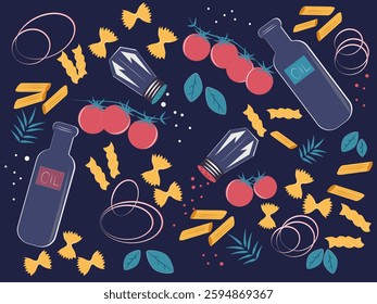 food set, culinary set of products. Illustration of kitchen and cooking, pasta, tomatoes, greens, onions collage of stickers and culinary postcards