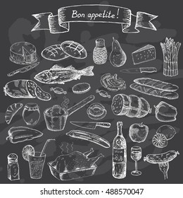 Food set for design menu. Vintage fast food on chalk board background. Hand drawn vector illustration.