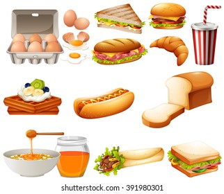 Food set with different kind of meals illustration