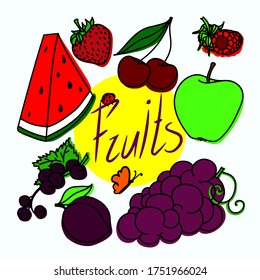 Food set. Doodle Fruits and Berries icons. Vector illustration.