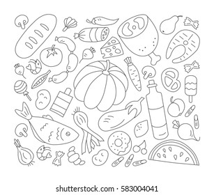 Food. Set of elements in doodle and cartoon style. Black and white