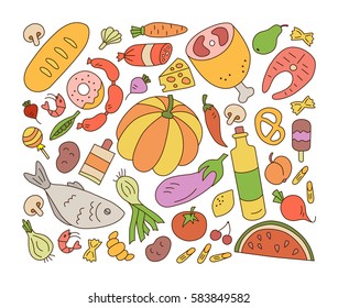 Food. Set of elements in doodle and cartoon style. Colorful