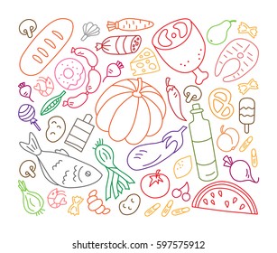 Food. Set of elements in doodle and cartoon style. Colorful