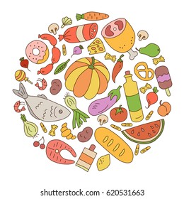 Food. Set of elements in doodle and cartoon style. Circle