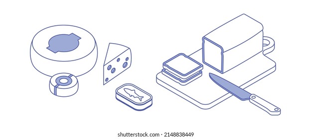 Food set - fish, meal, dish, dairy, cheese, bread. Isometric vector illustration in flat design. Outline, linear style, line art. Meal preparation.