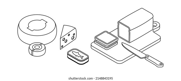 Food set - fish, meal, dish, dairy, cheese, bread. Isometric vector illustration in flat design. Outline, linear style, line art. Meal preparation.