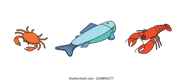 Food set - fish, seafood, salmon, tuna, cod, lobster. Isometric vector illustration in flat design. Outline, linear style, line art. Meal preparation.
