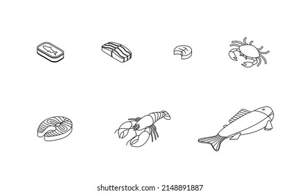 Food set - fish, seafood, salmon, tuna, cod, lobster. Isometric vector illustration in flat design. Outline, linear style, line art. Meal preparation. Icons. Editable stroke.