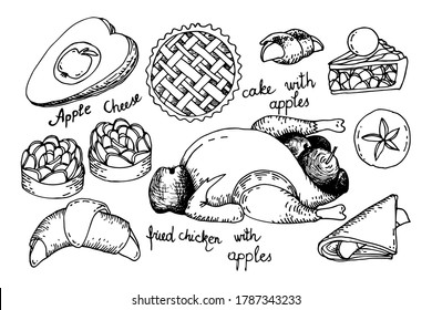 Food set. Fried chicken with apples, cake, buns, apple cheese and cookies. Hand drawn linear art vintage style vector illustration