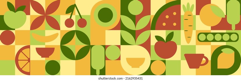 Food - set of geometric shapes, circles and squares drawn in flat cartoon vector. Fruits and vegetables in the modern trendy style of the 70s - apple, orange, lemon, cherry and peas.