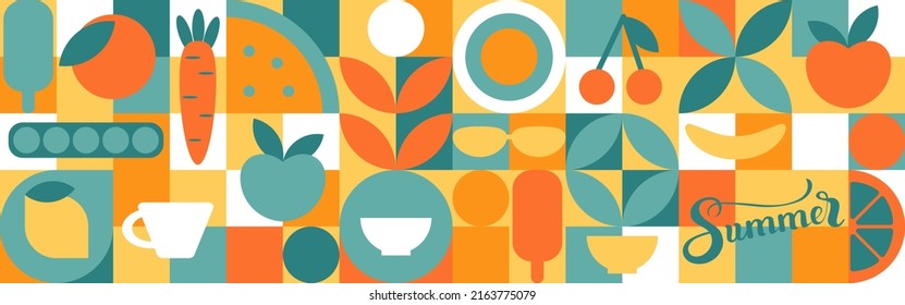 Food - set of geometric shapes, circles and squares drawn in flat cartoon vector. Fruits and vegetables in the modern trendy style of the 70s - apple, orange, lemon, cherry and peas.