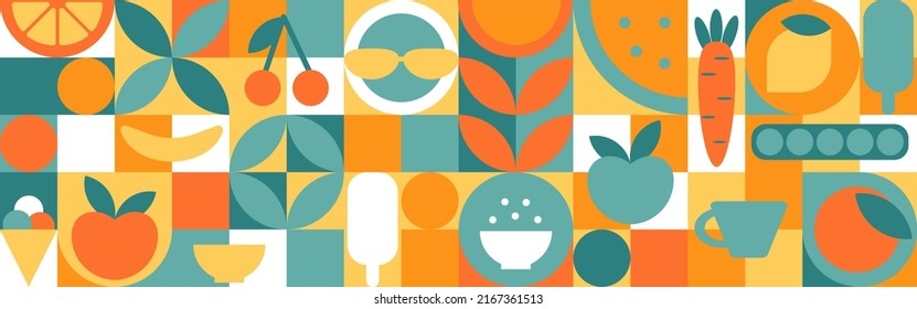 Food - set of geometric shapes, circles and squares drawn in flat cartoon vector. Fruits and vegetables in the modern trendy style of the 70s - apple, orange, lemon, cherry and peas.