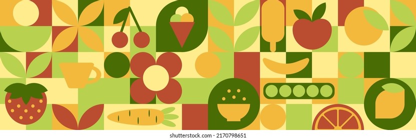 Food - set of geometric shapes, circles and squares drawn in flat cartoon vector. Fruits and vegetables in the modern trendy style of the 70s - apple, orange, lemon, cherry and peas.