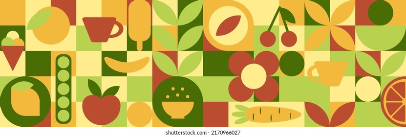 Food - set of geometric shapes, circles and squares drawn in flat cartoon vector. Fruits and vegetables in the modern trendy style of the 70s - apple, orange, lemon, cherry and peas.