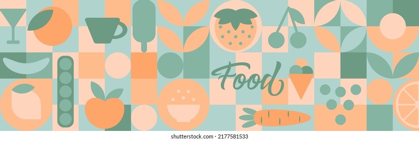 Food - set of geometric shapes, circles and squares drawn in flat cartoon vector. Fruits and vegetables in the modern trendy style of the 70s - apple, orange, lemon, cherry and peas.