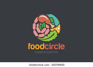 Food Set Gourmet Circle Logo Shop Abstract Design Vector Template.
Meat Bread Vegetables Assortment Store Logotype Concept Icon.