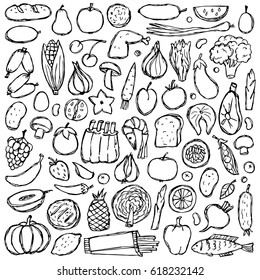 Food set hand drawn doodle elements. Vector illustration for backgrounds, web design, design elements, textile prints, covers, posters, menu