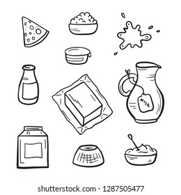 Food Set. Hand Drawn Sketch Doodle Dairy Products