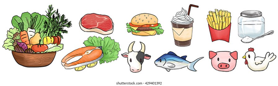 food set healthy balance vegetable fast food meat drink sugar