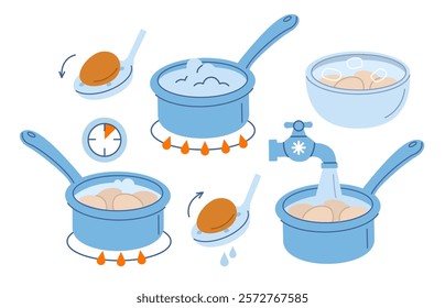 Food set. How to boil eggs instruction collection. Cooking pan with boiling water on stove and other cooking elements. Modern cartoon concept. Vector illustration.