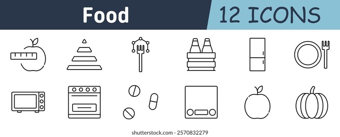 Food set icon. Apple with ruler, nutrition pyramid, fork design, beverage crate, refrigerator, plate with fork, microwave, oven, pills, scale, fruit, pumpkin