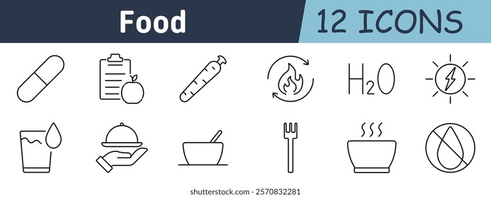 Food set icon. Capsule, health checklist, carrot, metabolism, H2O, energy, glass of water, serving dish, bowl, fork, hot soup, no liquid