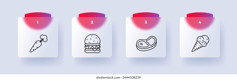 Food set icon. Carrots, natural product, burger, fast food, healthy junk and fatty food, steak, medium rare, ice cream, cone, numbering, yolk, white, delicacies, unusual food. Glassmorphism style.