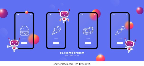 Food set icon. Carrots, natural product, burger, fast food, healthy junk and fatty food, steak, medium rare, ice cream, cone, gradient, yolk, white, delicacies, unusual food. Glassmorphism style.