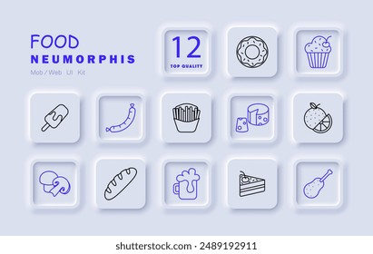 Food set icon. Cupcake, sausage, mushroom, beer, chicken leg, cheese, orange, fries, popsicle, bread, donut, cake, snack, beverage, meal, dessert, dairy, fruit, fast food.