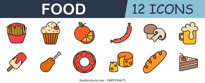 Food set icon. Cupcake, sausage, mushroom, beer, chicken leg, cheese, orange, fries, popsicle, bread, donut, cake, snack, beverage, meal, dessert, dairy, fruit, fast food.