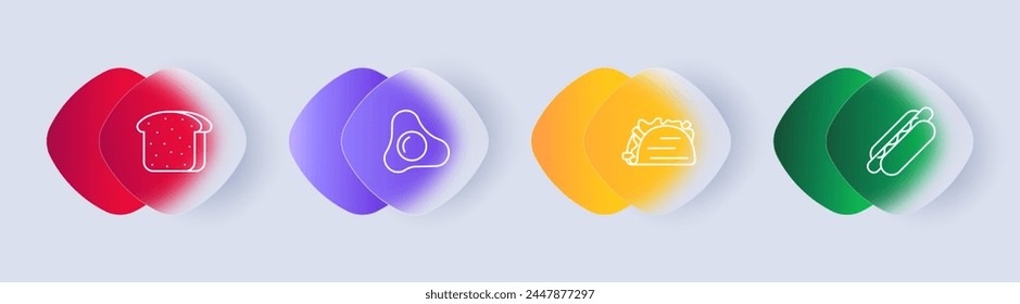 Food set icon. Egg, omelet, fried eggs, shawarma, pita bread, bread, cut, hot dog, fast food, junk food, gradient, yolk, white, delicacies, unusual food. Glassmorphism style.