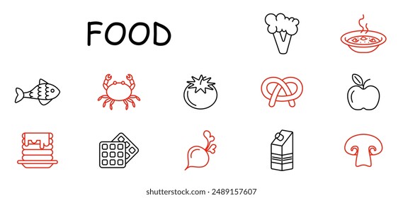 Food set icon. Fish, crab, tomato, broccoli, soup, apple, pancakes, waffle, radish, juice carton, mushroom.