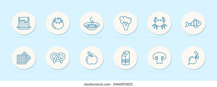 Food set icon. Fish, tomato, pastries, milk, crab, pancakes, apple, natural products, mushrooms, radishes, soup, hot, blue, delicacies, unusual food. Healthy eating concept. Vector line icon.