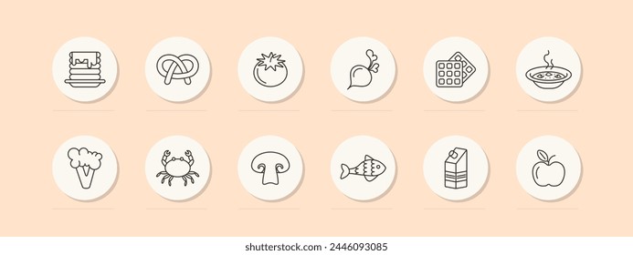 Food set icon. Fish, tomato, pastries, milk, crab, pancakes, apple, natural products, mushrooms, radishes, soup, hot, pastel, delicacies, unusual food. Healthy eating concept. Vector line icon.