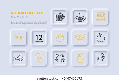 Food set icon. Fish, tomato, pastries, milk, crab, pancakes, apple, natural products, mushrooms, radishes, soup, hot, gradient, delicacies, unusual food. Healthy eating concept. Neomorphism style.