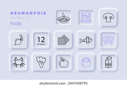 Food set icon. Fish, tomato, pastries, milk, crab, pancakes, apple, natural products, mushrooms, radishes, soup, hot, delicacies, unusual food. Healthy eating concept. Vector line icon.