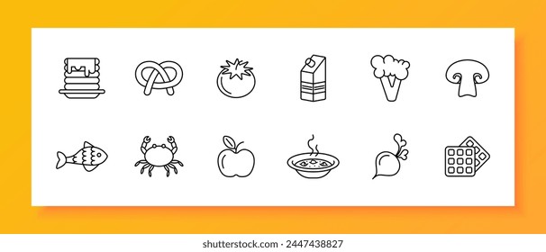 Food set icon. Fish, tomato, pastries, milk, crab, pancakes, apple, natural products, mushrooms, radishes, soup, hot, delicacies, unusual food. Healthy eating concept. Vector line icon.