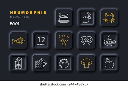 Food set icon. Fish, tomato, pastries, milk, crab, pancakes, apple, natural products, mushrooms, radishes, soup, hot, delicacies, unusual food. Healthy eating concept. Vector line icon.