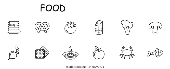 Food set icon. Fish, tomato, pastries, milk, crab, pancakes, apple, natural products, mushrooms, radishes, soup, hot, delicacies, unusual food. Healthy eating concept. Vector line icon.