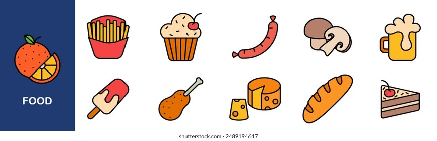 Food set icon. French fries, muffin, sausage, mushroom, beer, popsicle, chicken leg, cheese, bread, cake, dessert, snack, beverage, fast food, cuisine.