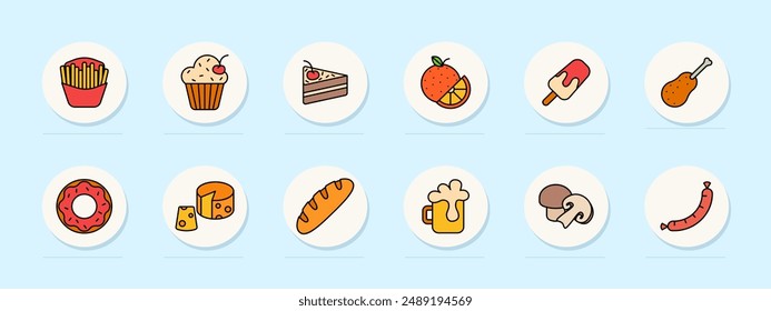 Food set icon. Fries, cupcake, cake, orange, popsicle, chicken drumstick, donut, cheese, bread, beer, mushroom, sausage, snack, dessert, cuisine, meal, food, tasty, treat.